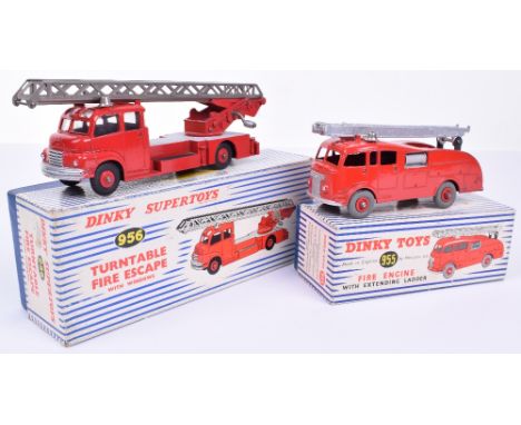 Dinky two Fire Engines, 955 Fire engine with extending ladder, excellent to good, couple paint rubs to one rear side, 956 Tur