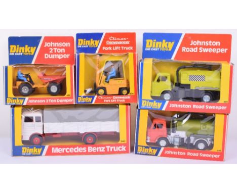 Dinky five Commercials in window boxes, 404 Climax-Conveyancer Fork Lift truck, orange, 430 Johnson 2-ton Dumper, yellow/oran