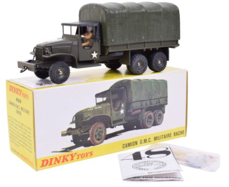 French Dinky 809 G.M.C US Army 6x6 truck, olive drab body, black cab top, concave hubs, white star transfers, mint condition,