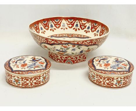 A 3 piece Panda pottery vanity set. A large washbowl and a pair of lidded trinket boxes. Bowl measures 27.5x11cm 