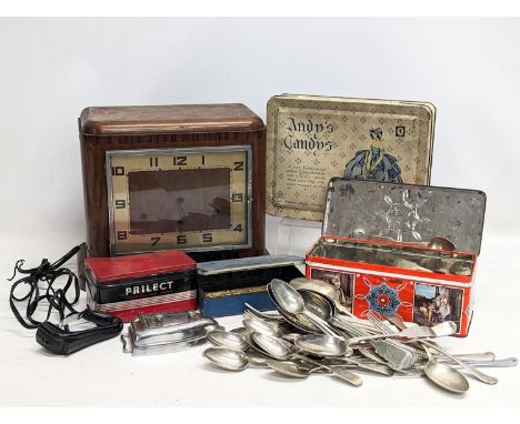 A sundry lot. Including a vintage Prilect Traveling Iron, vintage tins, quantity of silver plated and E.P.N.S cutlery, vintag