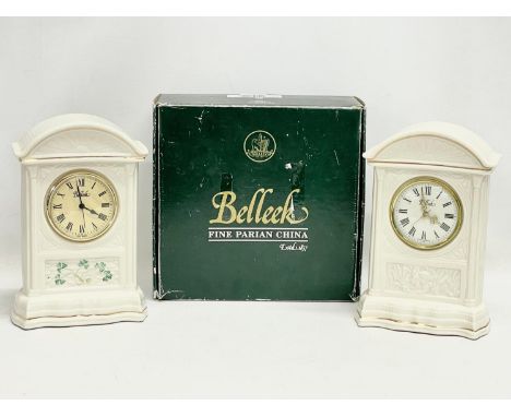 2 large Belleek Pottery mantle clocks with box. Clock measures 16x25cm 