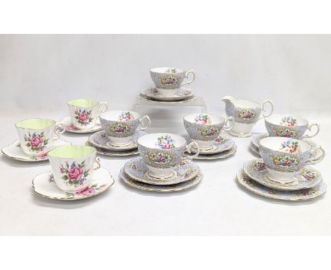 A set of 6 Gainsborough Queen Anne teacups and saucers with a set of 3 Aynsley teacups and saucers. 
