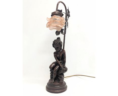 An ornate table lamp with glass shade. 56cm 