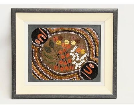 An aboriginal oil painting. Painting measures 38.5x30.5cm. Frame 55x47cm 