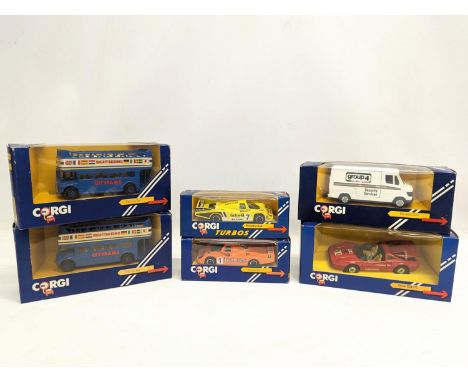 A quantity of Corgi model cars including 2 Open Top Bus, 2 Porsche 956, Mercedes 207D and Ferrari 308 GTS. 