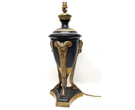 A large Neoclassical style brass and ceramic table lamp. 56cm 