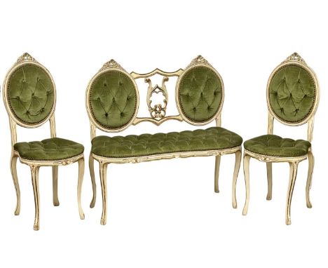 A vintage 3 piece French style painted and gilt suite. Sofa measures 95x41x93cm. 