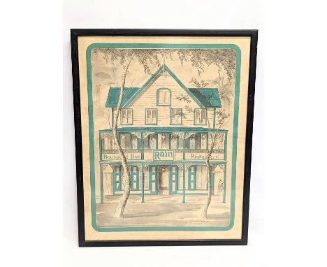 A vintage print of Rain Restaurant, St Lucia. Signed. 51x64cm 