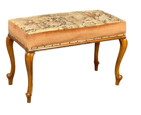 A Victorian walnut window bench on cabriole legs with tapestry seat. 97x47x62cm 