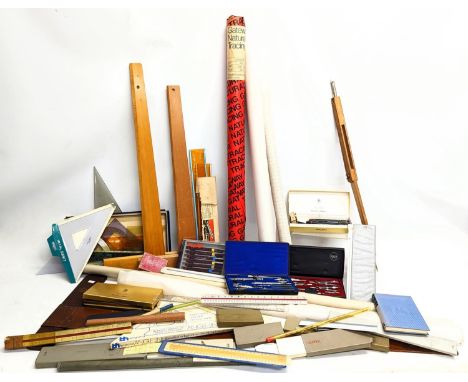 A quantity of vintage architectural equipment, including tracing paper, rulers, etc. 