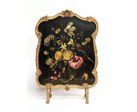 A vintage gilt firescreen depicting Jacob Van Walscappelle's 'Flowers in a Glass Vase.' 50x72.5cm 