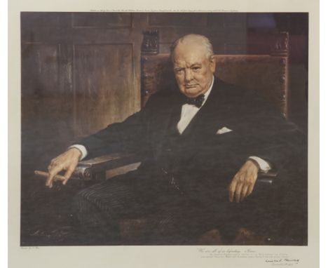 AFTER A PAN COLOUR PRINT REPRODUCTION  'Portrait of Winston Churchill' published by Frost & Reed in 1943 and having printed t