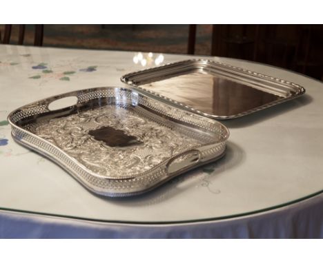WALKER & HALL ELECTROPLATE HEAVY OBLONG TRAY WITH STEP MOULDED SIDES WITH DIAMOND MOULDED EDGE, 16 ½" LONG AND A WALKER & HAL