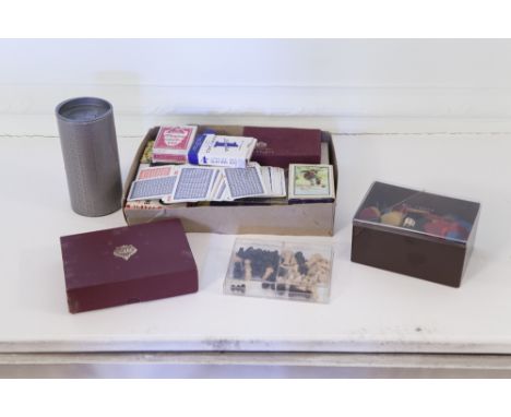 A QUANTITY OF BRIDGE CARDS AND OTHER PLAYING CARDS; A SMALL CHESS SET; GAMBLING CHIPS AND 'RITZ' BOXED SET WITH TWO PACKS OF 