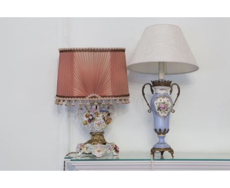 FRENCH PORCELAIN AND GILT METAL MOUNTED VASE TABLE LAMP, FLORAL PAINTED AND THE SHADE AND A VINTAGE STYLE BRASS DESK LAMP (2)