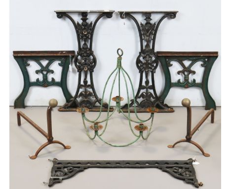 A pair of Victorian-style black painted cast-iron garden table supports, 68cm high (with a centre stretcher); a similar pair 