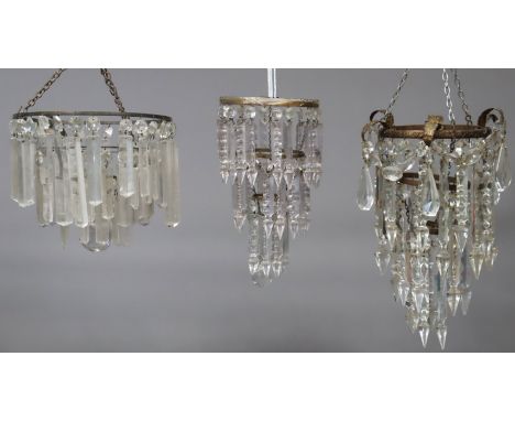 Three Victorian small chandelier ceiling light fittings each hung with cut-glass prism drops (slight faults, some drops loose
