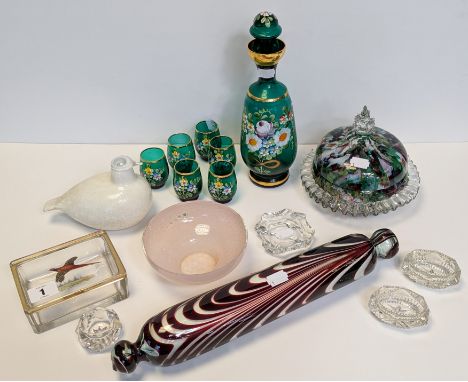 A Nailsea-style red &amp; clear glass rolling pin, 36.5cm long; together with a Murano floral painted green glass decanter &a