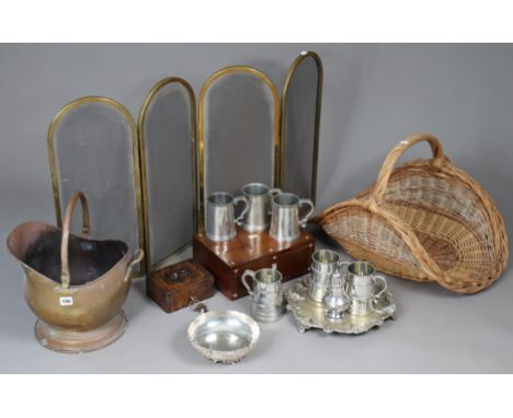 A copper helmet-shaped coat scuttle; a brass frame four-fold spark guard; a 19th century trinket box (w.a.f); &amp; various i