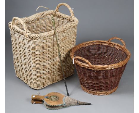 Two wicker laundry baskets; a brass fire-poker; &amp; a pair of fire-bellows. 