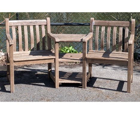 A teak two-seater garden bench with table to centre, &amp; on square legs with plain stretchers, 177cm wide.