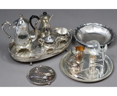 A silver-plated three-piece tea set; a similar oval two-handled tea tray; &amp; various other items of plated ware. 