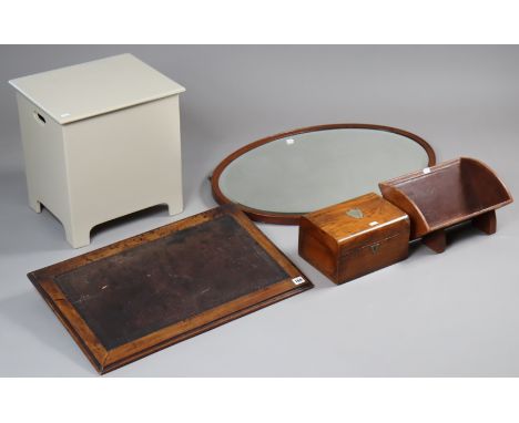 A mahogany lap-desk inset tooled leather surface, 66cm wide; together with a 19th century trinket box; a book through; a box-