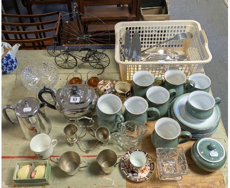 A silver-plated oblong teapot; together with various other items of plated ware &amp; cutlery; various items of Denby green g