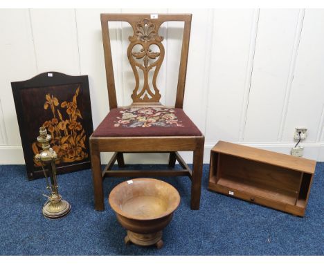A mixed lot to include a Georgian mahogany chair, mahogany inlaid panel, teak single drawer desk stand, turned wooden bowl an