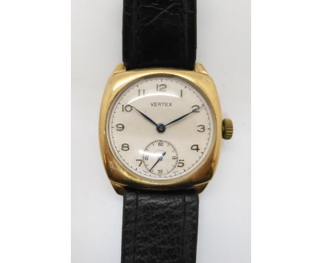 A 9ct gold vintage Vertex Revue watch, hallmarked Birmingham 1953, inscribed verso, case approx 3cm x 3cm, weight including s