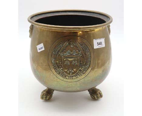 BRASS PLANTER with heraldic roundel on claw feet, 24cm high, Victorian parasol and bamboo walking stick (3) Condition Report: