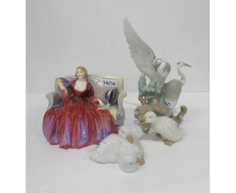 Royal Doulton figure Sweet &amp; Twenty, a Nao model of storks, a Nao duck, and another (4) Condition Report:Available upon r