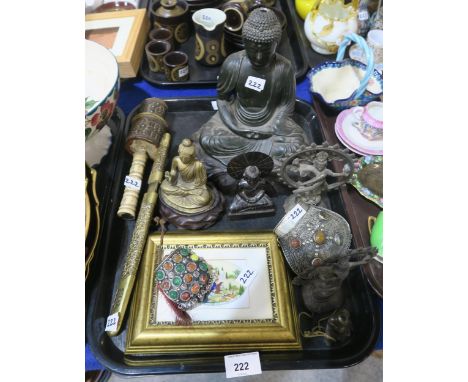 A Persian style plaque on plastic, a prayer wheel, models of Vishnu, Buddha,&nbsp; etc Condition Report:Not available for thi