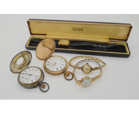 A 9ct cased ladies Rotary watch head,&nbsp; a silver cased half hunter pocket watch, and a gold plated example etc Condition 