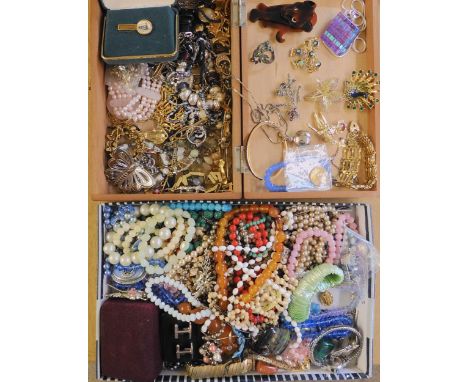 Two boxes of vintage costume jewellery to include, amber coloured beads, gold plated gate bracelet and other items Condition 
