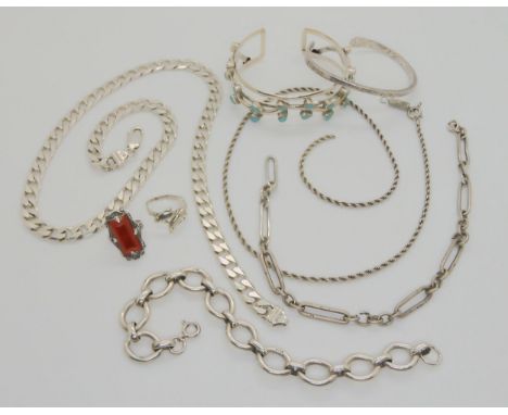A collection of silver and white metal jewellery to include, a heavy curb chain necklace, length 51.5cm, a partial fob chain,