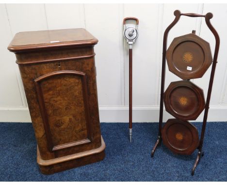 A Victorian walnut single door bedside cabinet, three tier folding cake stand and a shooting stick (3) Condition Report:Avail