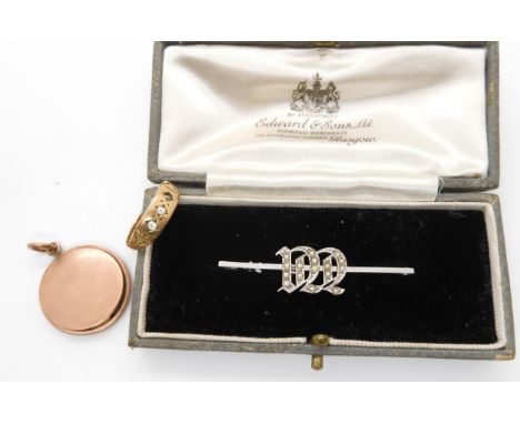 A 9ct white gold bar brooch with a pearl set gothic 'M' initial, a 9ct vintage locket weight together 8.3gms, together with a