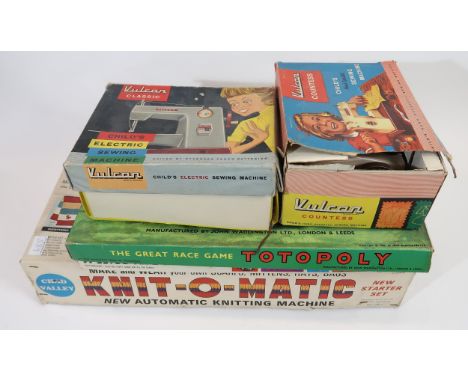 A Vulcan Classic Child's sewing machine, another Countess example, a Chad Valley Knit-O-Matic, The Great Race Game Totopoly, 