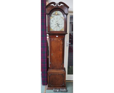 A 19th century oak cased grandfather clock with painted face with two subsidiary dials, 211cm high Condition Report:Available