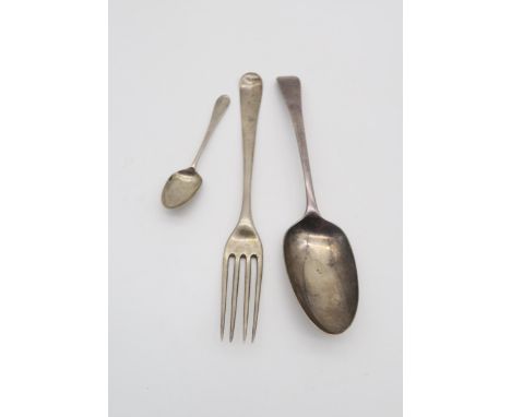 A George II silver table spoon, in the Old English pattern, London 1739, a silver tea spoon and silver fork, 110gms (3) Condi