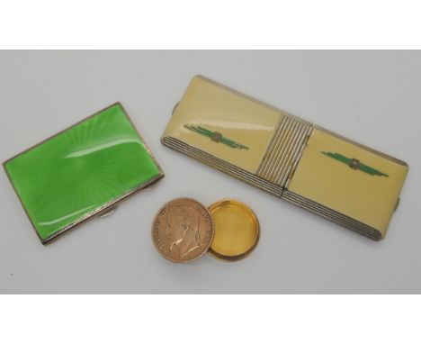 A silver and green guilloche enamel cigarette box, made by Walker &amp; Hall, hallmarked Chester 1938, a painted Art Deco lad