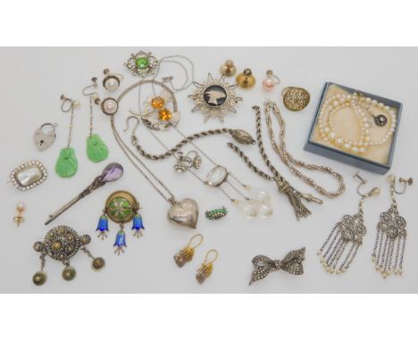 A silver and enamel Scandinavian brooch , an Arts &amp; Crafts amethyst brooch, a pair of Scottish granite earrings in gold p