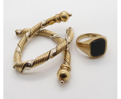 A 9ct gold bloodstone signet ring, size P1/2, together with a 9ct gold bangle (broken af) weight combined 15.1gms Condition R