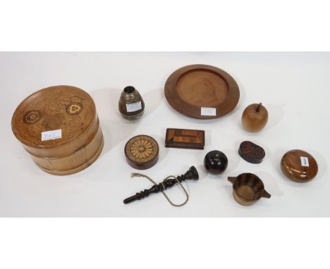 SPECIMEN WOOD SNUFF BOX, staved quaich, papier mache snuff box,and other treen items Condition Report:Available upon request