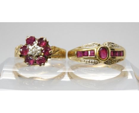 A 9ct ruby and diamond accent ring, size M1/2, together with a retro flower example size K1/2, weigh together 5.7gms Conditio