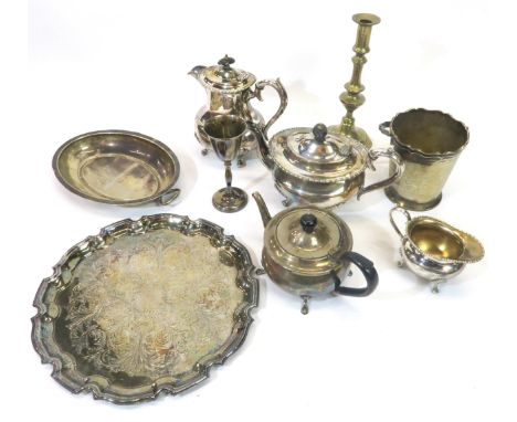 A collection of EPNS including a tea service, salver, goblets, brass candlesticks etc Condition Report:Available upon request