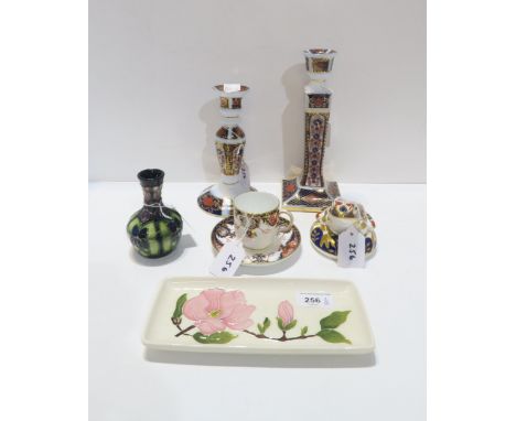 A Royal Crown Derby frog paperweight, cup and saucer, a Moorcroft magnolia trinket dish and small violet pattern vase, and tw