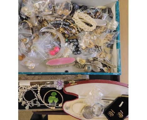 A silver and pink guilloche enamel brush, silver napkin ring, Bentley cufflinks, and a large collection of vintage costume je